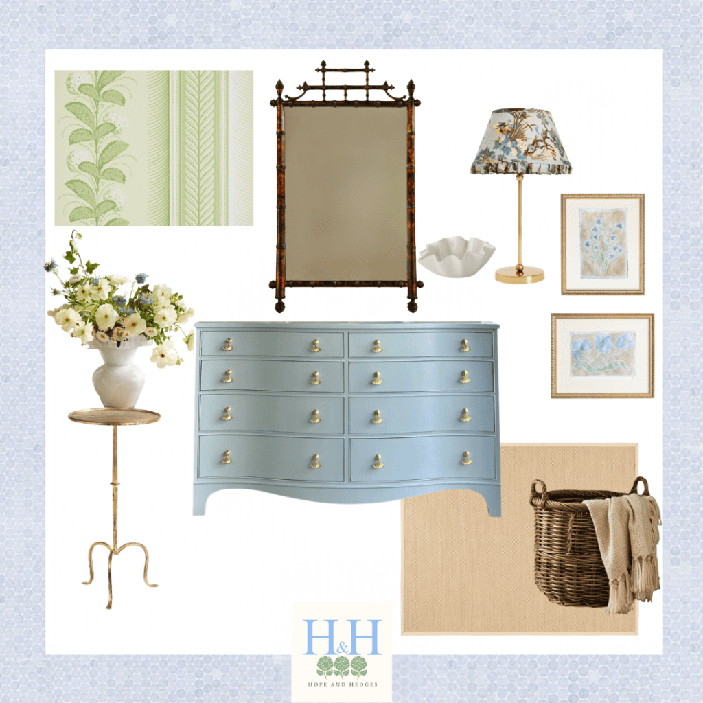 Schumacher green hydrangea drape wallpaper | bedroom mood board