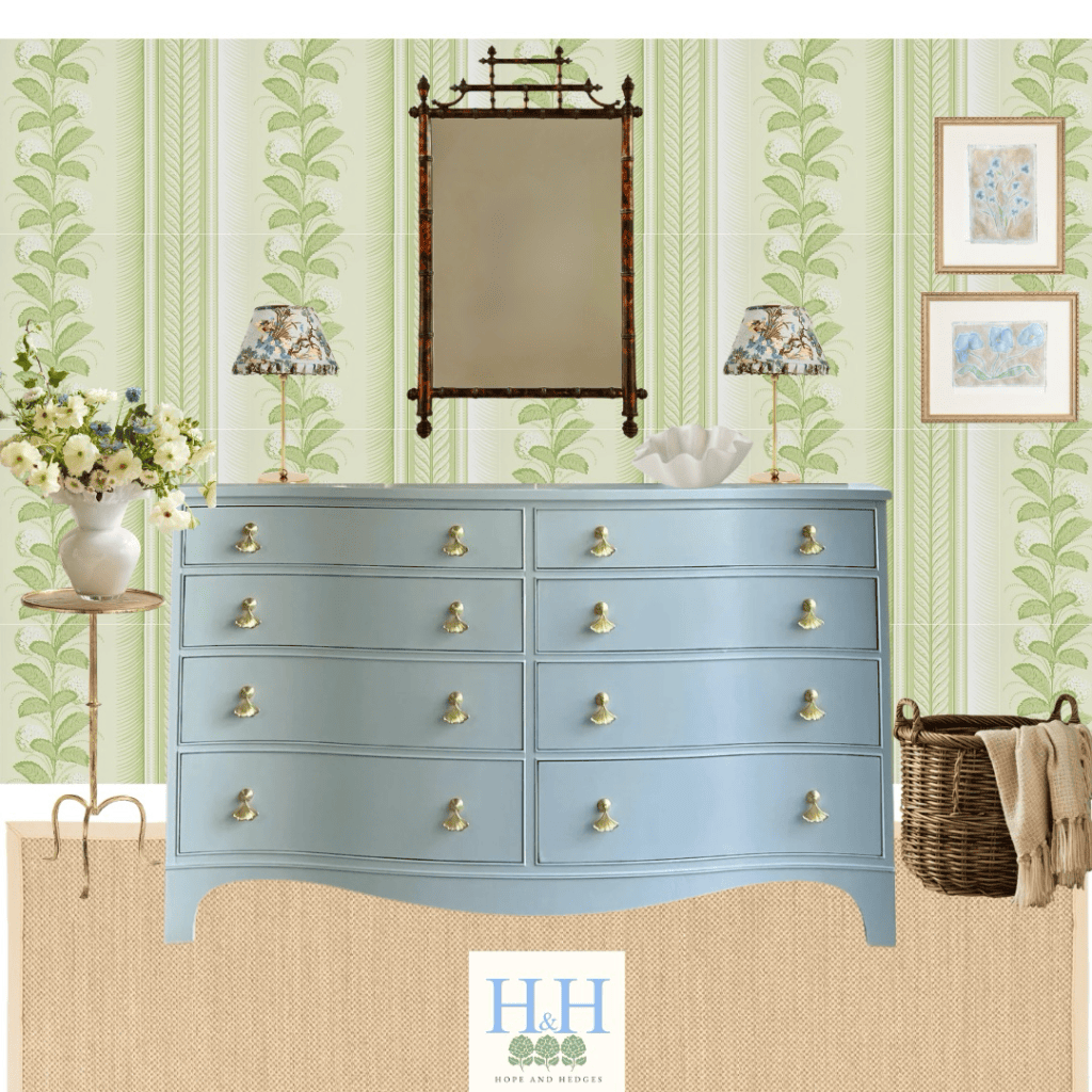 blue dresser bedroom | bedroom moodboard | hydrangea drape wallpaper in green